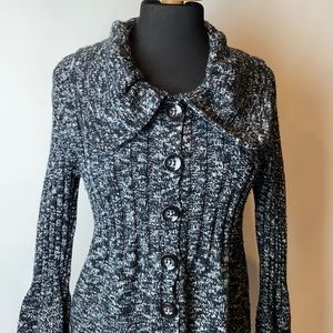 Style & co marbled black sweater button down flare sleeves shawl collar